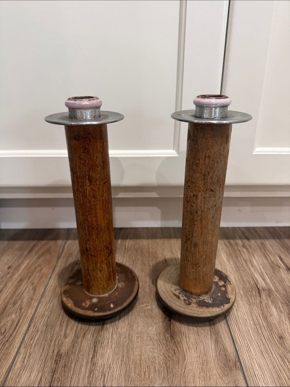 Vintage Wooden Spool Pair - Candlesticks - 10 inches